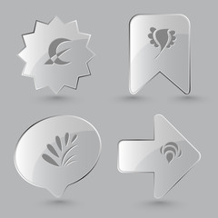 4 images: monetary sign, bird, plant, bee. Abstract set. Glass b