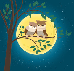 cartoon character couple of owls sitting on a twig and yellow moon