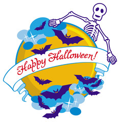 Round emblem with bats, skeleton, moon and banner with artistic written text: