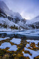 Winter day in Polish Tatra mountains, frozen Morskie Oko lake an