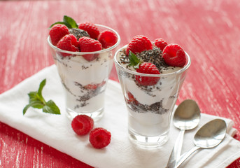 Yogurt with chia seeds, walnuts and raspberries