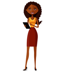 African smiling business young girl standing with tablet