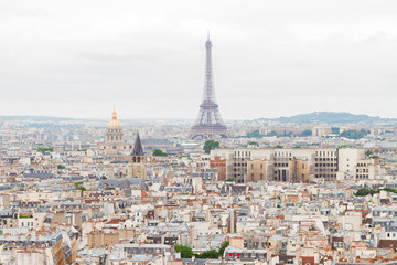 Paris city roofs skyline with Eiffel Tower from above, France