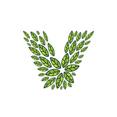 V letter logo formed by vintage pattern, line green leaves.