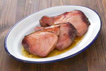 fried tuna on white dish