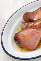 fried tuna on white dish