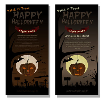 Happy Halloween. Full moon over cemetery. Vector poster template