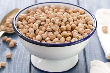 chick pea in white bowl on wooden background
