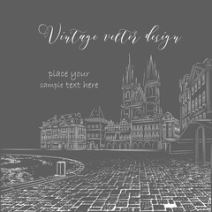 Vintage sketch of the urban landscape. The old city of Prague. Vector illustration