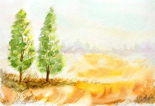 hand drawn landscape with trees and wheat field. countryside watercolor illustration