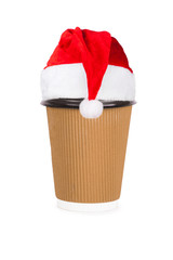 Obraz na płótnie Canvas disposable cup in santa hat of coffee isolated