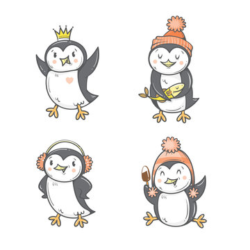 Cute cartoon penguins set. Four arctic birds. Funny animals. Winter season. Vector contour colorful image. Children's illustration.