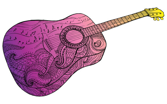 Stylized classical guitar. Retro . Musical instrument. Music. Rock. Line art. Drawing by hand. Graphic arts. Tattoo. Doodle.