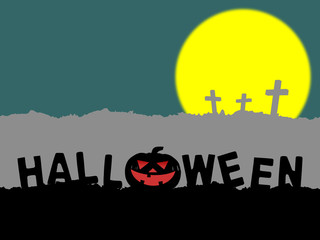 halloween word with jack-o-lantern pumpkin silhouette, graveyard crosses and glowing moon