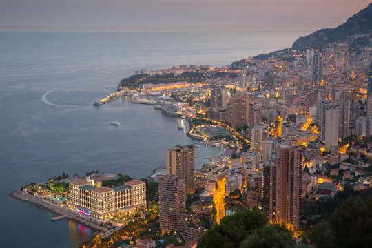 View of Monaco from above at dusk, Monaco, Mediterranean