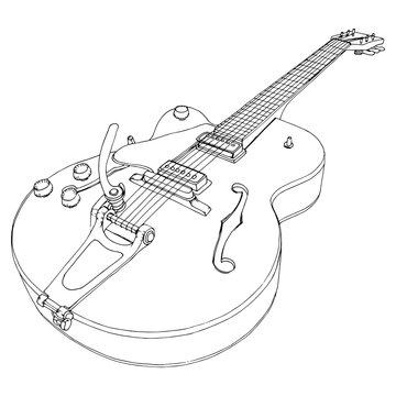 Stylized guitar. Retro . Jazz electric . Musical instrument. Music. Rock. Line art. Drawing by hand. Graphic arts. Tattoo. Doodle.
