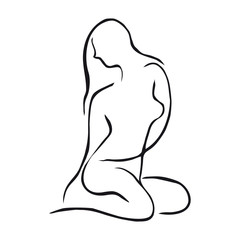 Силуэт красивой обнаженной девушки. Черно-белая векторная иллюстрация.