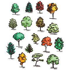 Fototapeta premium Set of hand drawn colorful trees. Ink style.