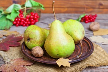 Autumn ripe juicy pears on a wooden table