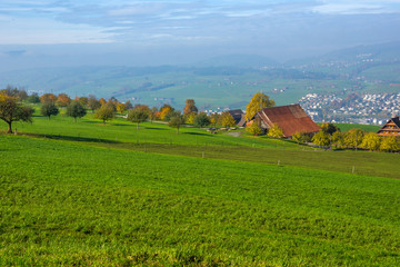Obraz premium Amazing Panorama of Mount Pilatus and Lake Lucerne covered with frog, Alps, Switzerland