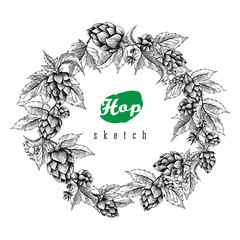 Beer hops round frame hand drawn hops branches with leaves, cones and hops flowers, black and white, sketch and engraving design hops plants.