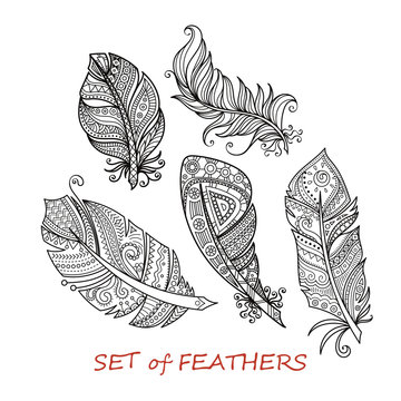 Vector Ornate Set of Stylized and Abstract Zentangle Feathers.