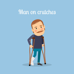 Disabled man on crutches with text. Vector illustration