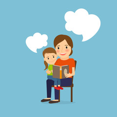 Mother and child reading book, cartoon vector illustration with messages