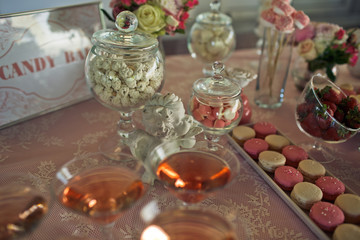 The candy bar with sweets stand in restaurant