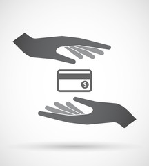 Isolated pair of hands protecting or giving  a credit card