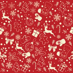 Gordijnen kerst naadloos patroon op de rode achtergrond © Lucky Project