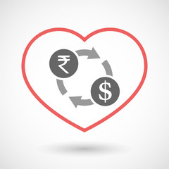 Isolated line art red heart with  a rupee and dollar exchange si