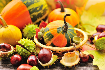 Naklejka na ściany i meble Fresh chestnuts with autumn leaves and mini pumpkins on wooden background