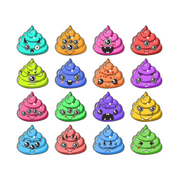 Kawaii vector poop emoticons set.