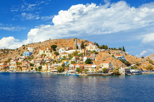 Beautiful summers day on Greek island of Symi in the Dodecanese Greece Europe