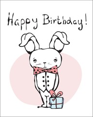 Obraz premium Greeting card with Happy Birthday. Vector trendy hipster style greeting card design, t-shirt print, inspiration poster. Vintage poster with stylish rabbit 
