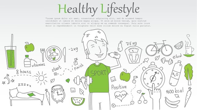 Doodle line design of web banner templates with outline icons of Healthy lifestyle.Healthy lifestyle concept for website or infographics. 