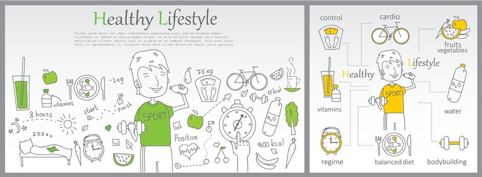 Doodle line design of web banner templates with outline icons of Healthy lifestyle.Healthy lifestyle concept for website or infographics. Line style vector illustration design concept of lifestyle