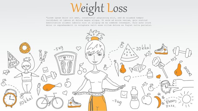 Doodle line design of web banner Weight loss. 