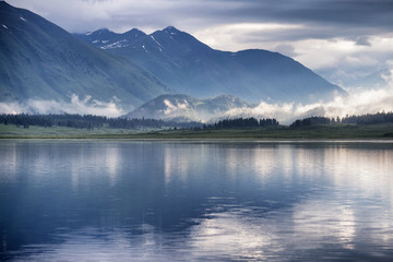 Fototapeta premium Early morning on Yazevoe lake in Altai mountains, Kazakhstan
