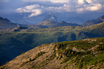 Peak Urusvati at sunset, Altai mountains, Central Asia. View from Kazakhstan side at sunset. - 122753126