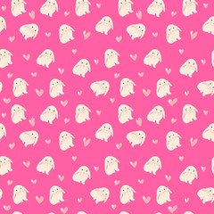 Obraz premium cute rabbit and hearts illustration, seamless pattern on pink background