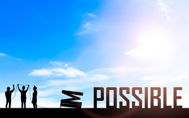 Silhouette man or businessman eliminate, improve, change impossible to possible text with blue sky...