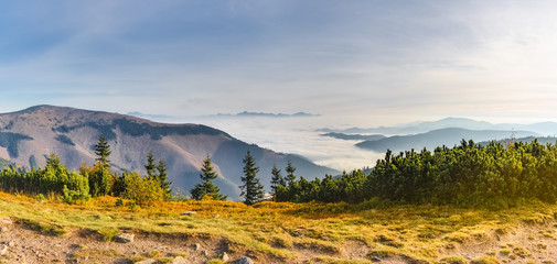 Panoramic view of fall weather inversion in mountains