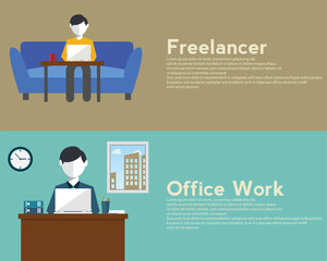 Freelance and Office woek flat set with networking designer work web programming workplace isolated vector illustration