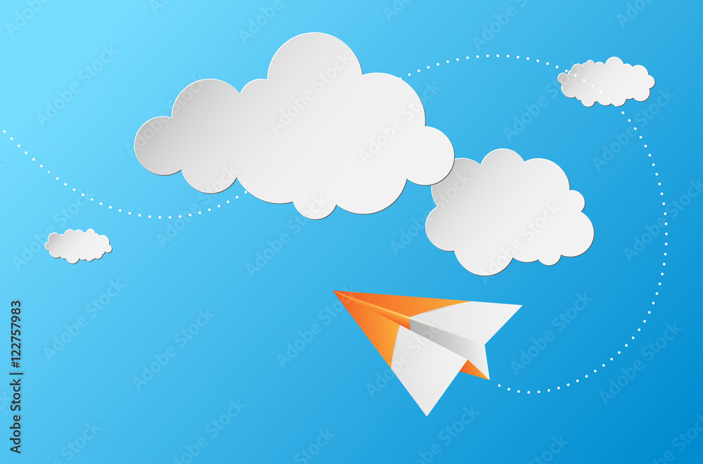 Wall mural abstract background with paper plane, clouds and blue sky