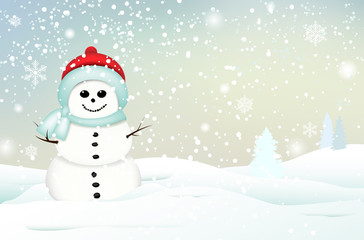 Smiling snowman in winter landscape