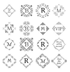 Fototapeta premium Collection of beautiful vignette for wedding invitation, greeting card. Logo templates, vintage vector monogram, frames for menu card, restaurant, cafe, hotel, jewellery store