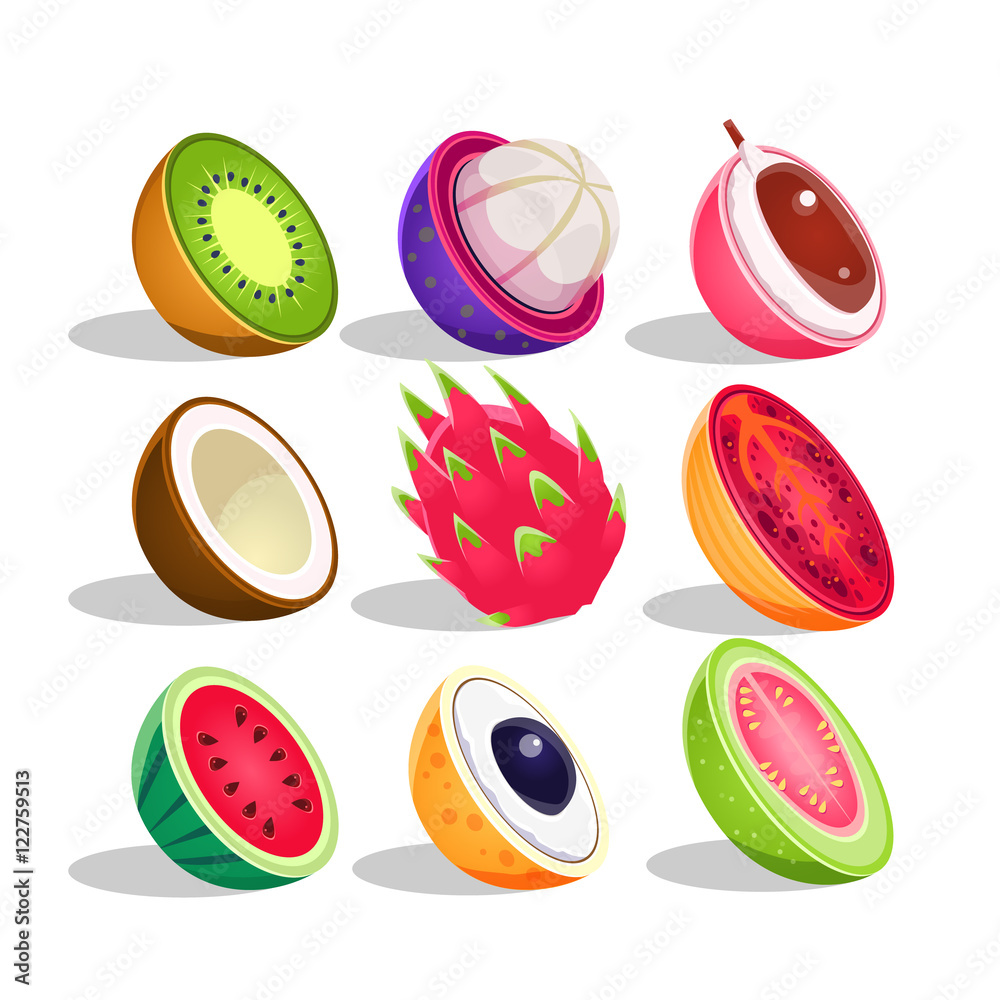 Canvas Prints Exotic Fruits Sliced In Half Set Of Bright Icons