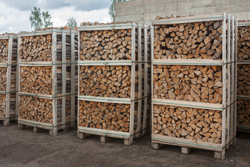Stacked firewood outdoors.